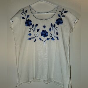 LinenTop with Blue Floral Embroidery